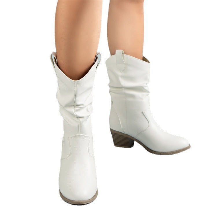 Boots Pleated One-Foot High Heel Mid-Helper Western Cowboy Women's Boots Mid-Helper Boots Fashion Women's Boots