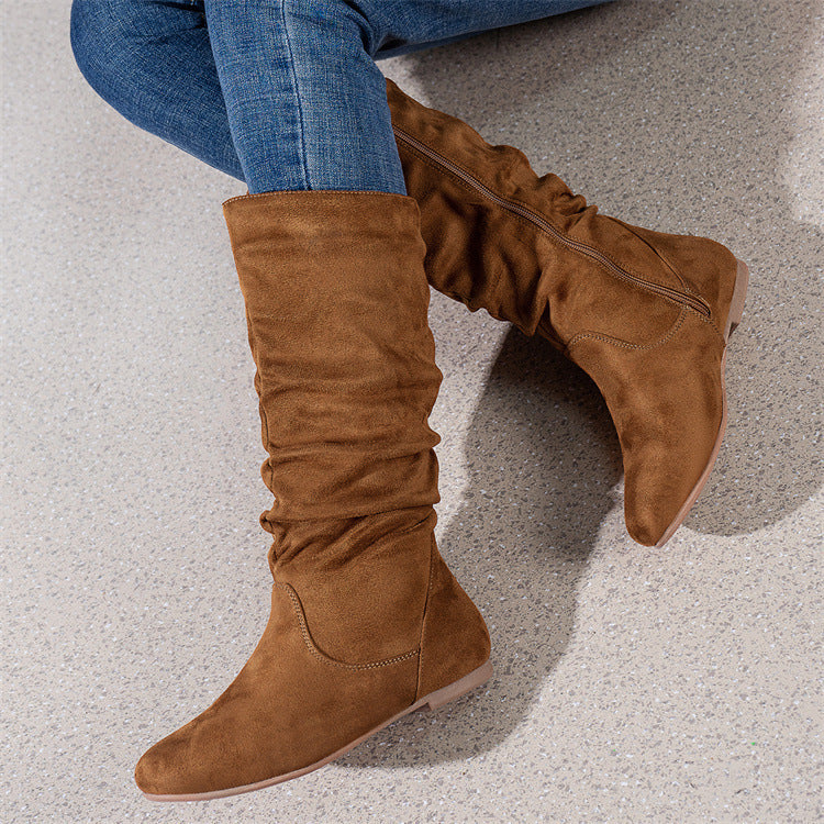Free Shipping Cross-Border Pleated Fashion Boots with Inner Zipper, Flat Comfortable Women's Boots, Versatile European and American Style Flat Mid-Calf Boots