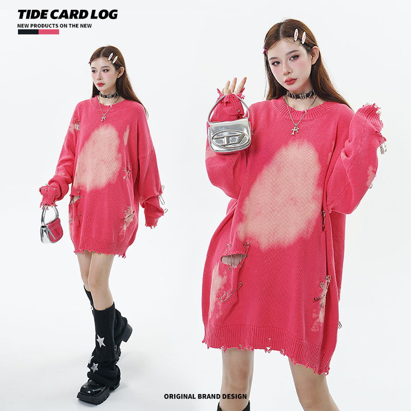 TIDE CARD LOG | Autumn and winter high street fashionable design faded pin ripped couple round neck loose sweater