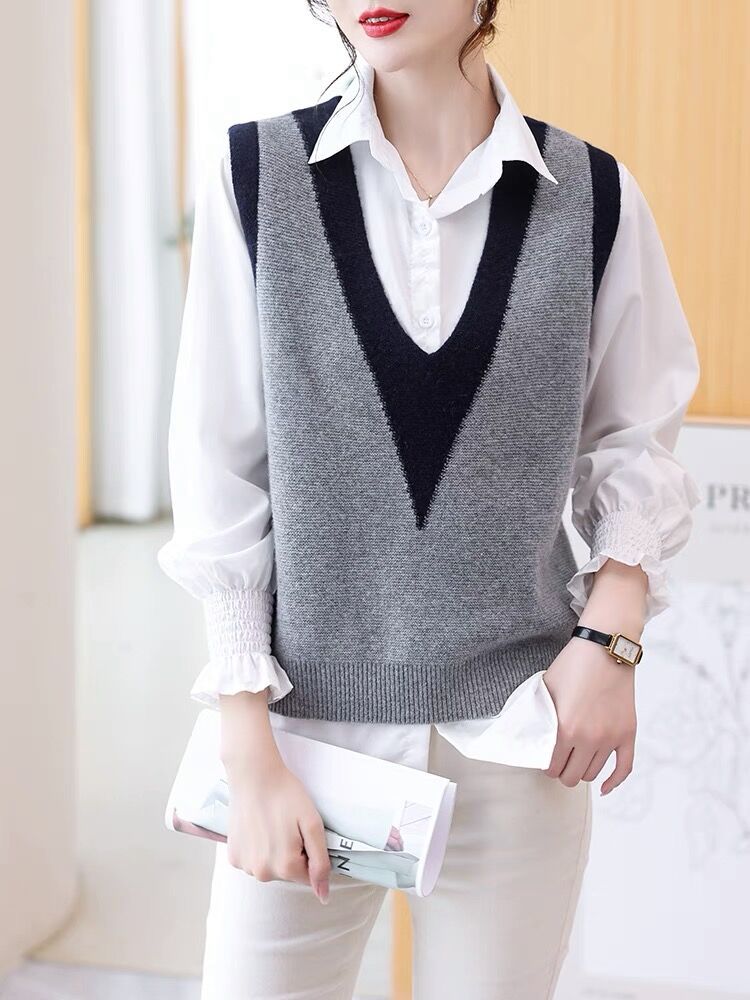 Woolen sweater knitted vest for women 2023 Autumn New sleeveless stacked color matching V-neck wool warm vest waistcoat