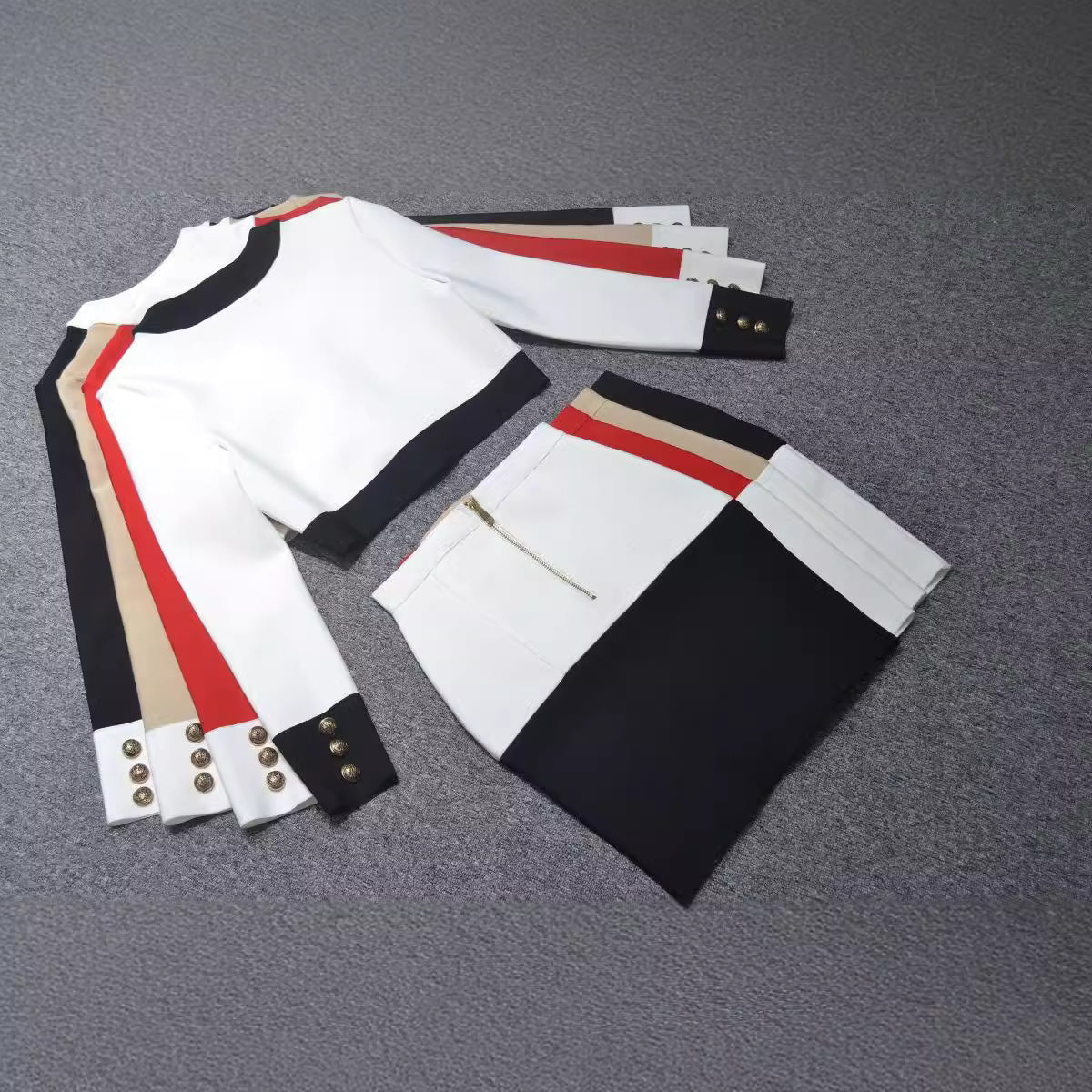 Cross-border 2020 Europe and the United States new temperament black and white color matching breasted cardigan A- line skirt suit factory wholesale 4 colors