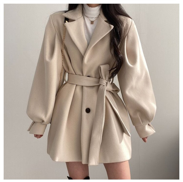 New Korean Style Autumn and Winter Wear Strap Elegant Small Women's Dress Collar Hepburn Style Mid-length Woolen Women's Coat Jacket
