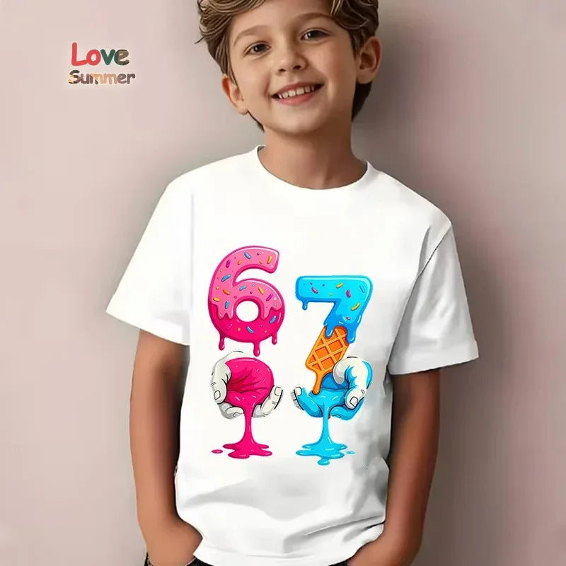 Boys T Shirts 6 To 7 Years T-Shirt 67 Number Print Casual Italian Brainrot Summer Top Suitable for Funny Gift for Casual Attire