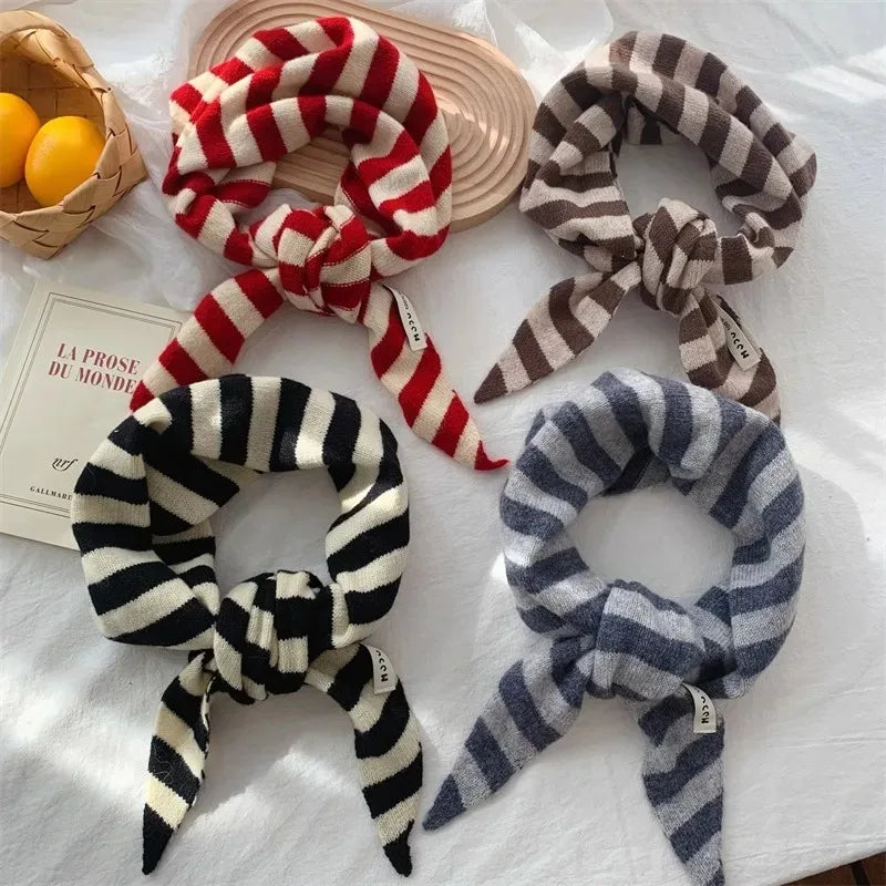 Korean Stripe Triangle Scarf 100% Wool Triangular Scarf Men Women British Niche Headscarf Knitted  Multi-functional Warm Scarf
