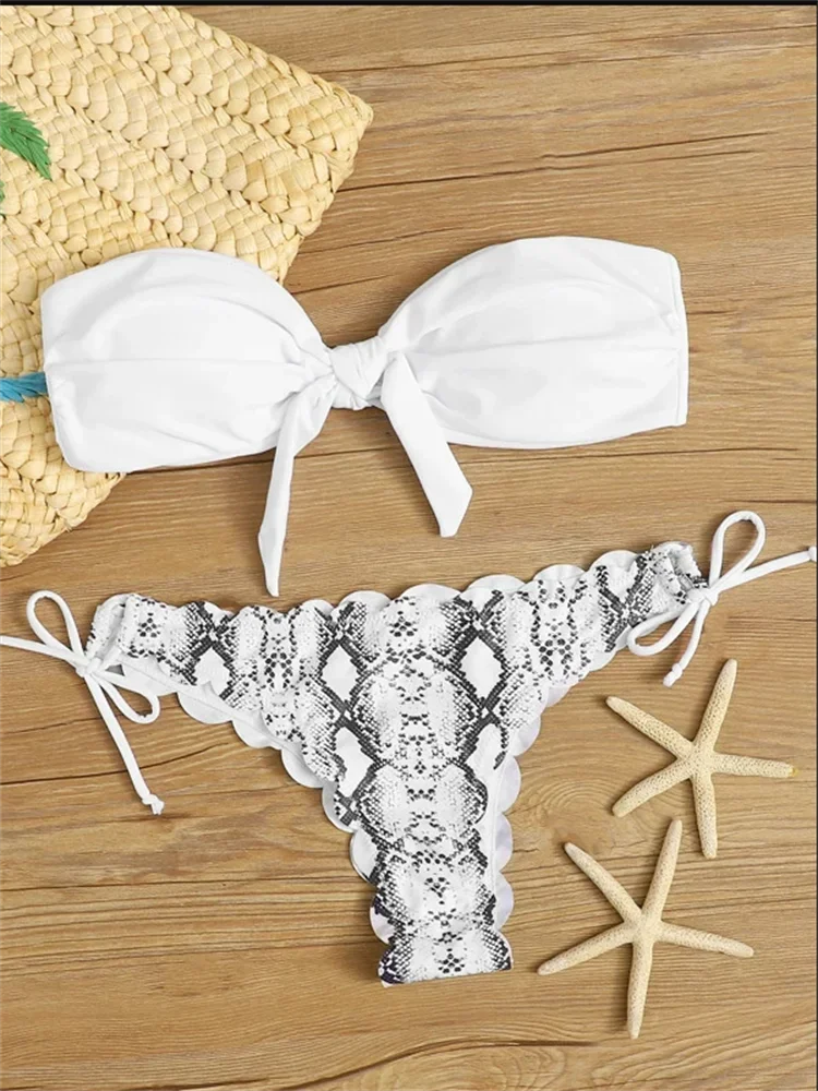 Beach Bikini 2026 Woman Sexy Front Lace Up Tie Bandeau Leopard Swimsuit Female Push Up Ruffled Bow Bathing Suit Thong Swimwear