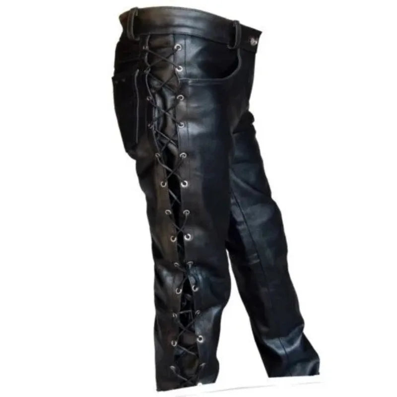 Men's Black Thick Leather Side Laces Up Jeans Style Long Pant Motorcycle Leather Trousers Leather Motorcycle Pants