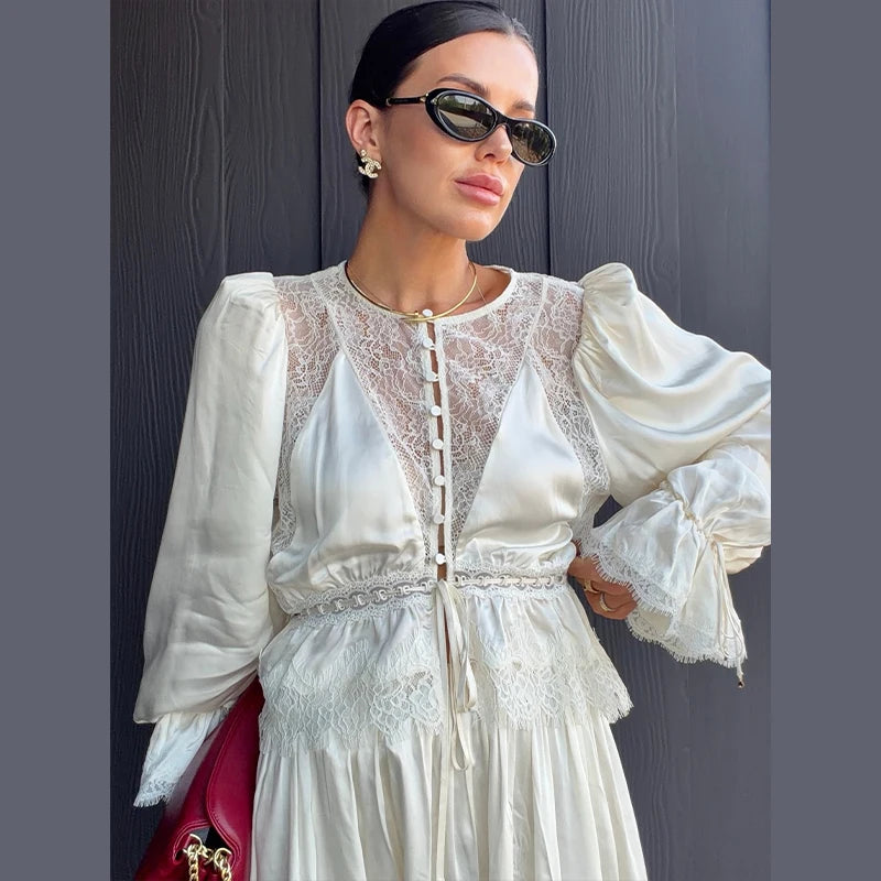Casual Lace Spliced Pants Set Summer Women's Suit Elegant Round Neck Waist Cinching Blouse New Street Evening 2 Pieces Outfits