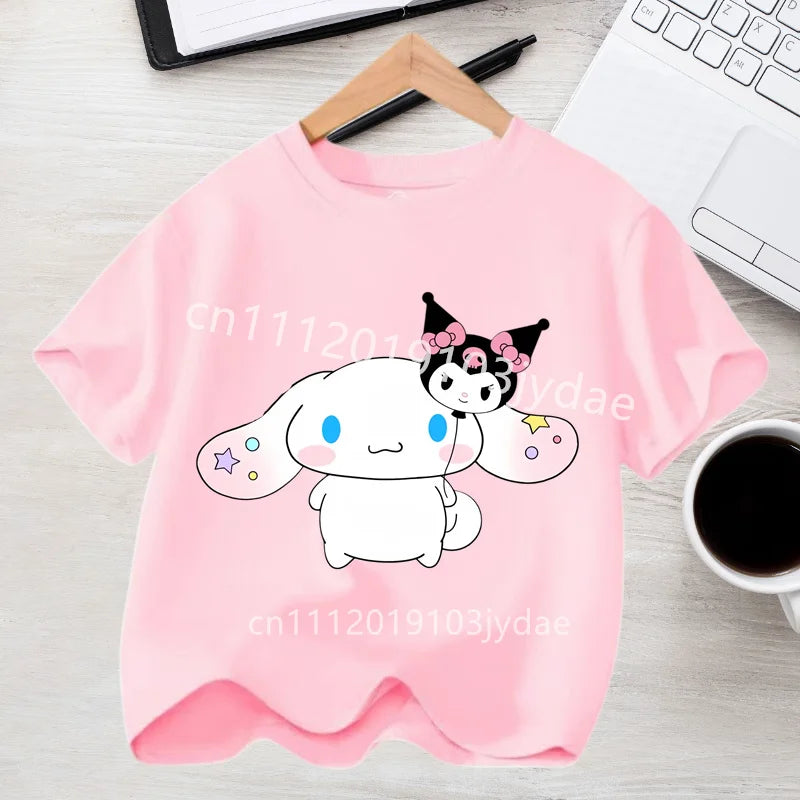 2026 Summer Casual Clothes Kawaii Gift Cute Cinnamoroll Girl T-shirt Cotton Anime Print Tee Shirt Kids Short Sleeve Streetwear