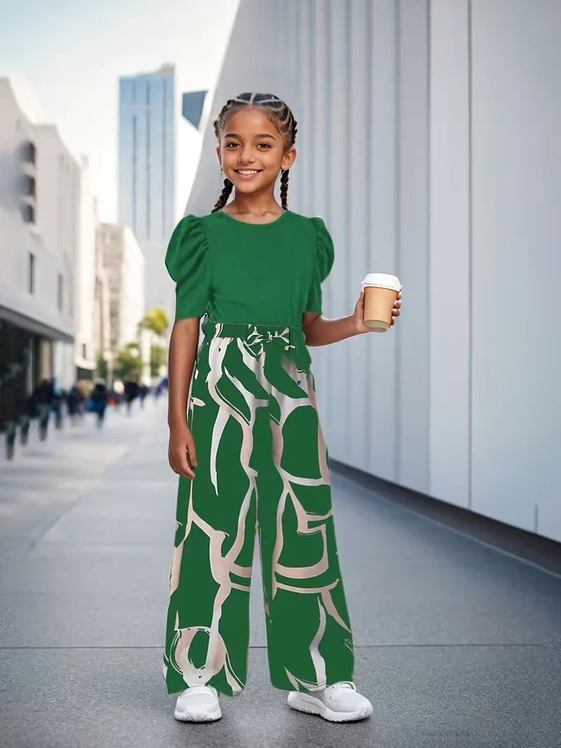 Girls 2-Piece Outfit Green Puff Sleeve Ribbed Crop Top & Abstract Print Wide Leg Pants Set