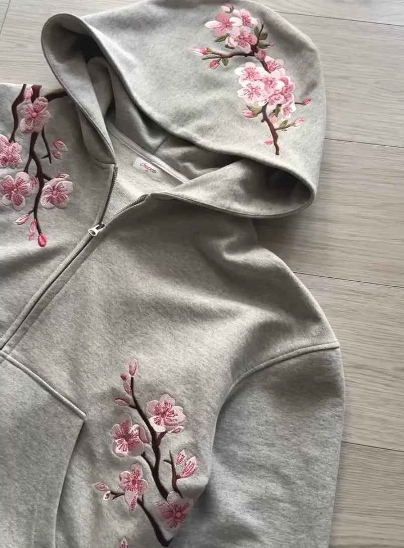 Y2K Vintage Oversized Cherry Blossom Embroidered Hooded Jacket Mens Womens Pink Zipper Coat Harajuku Hip Hop Graphic Streetwear