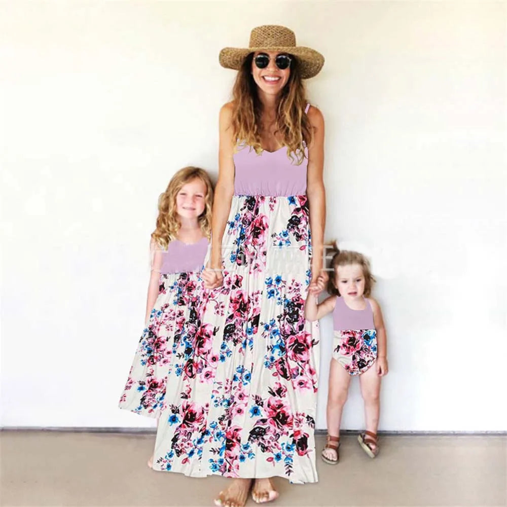 Clothing Europe United States parent-child color matching dress color flower print extreme-bottom short-sleeved skirt floral