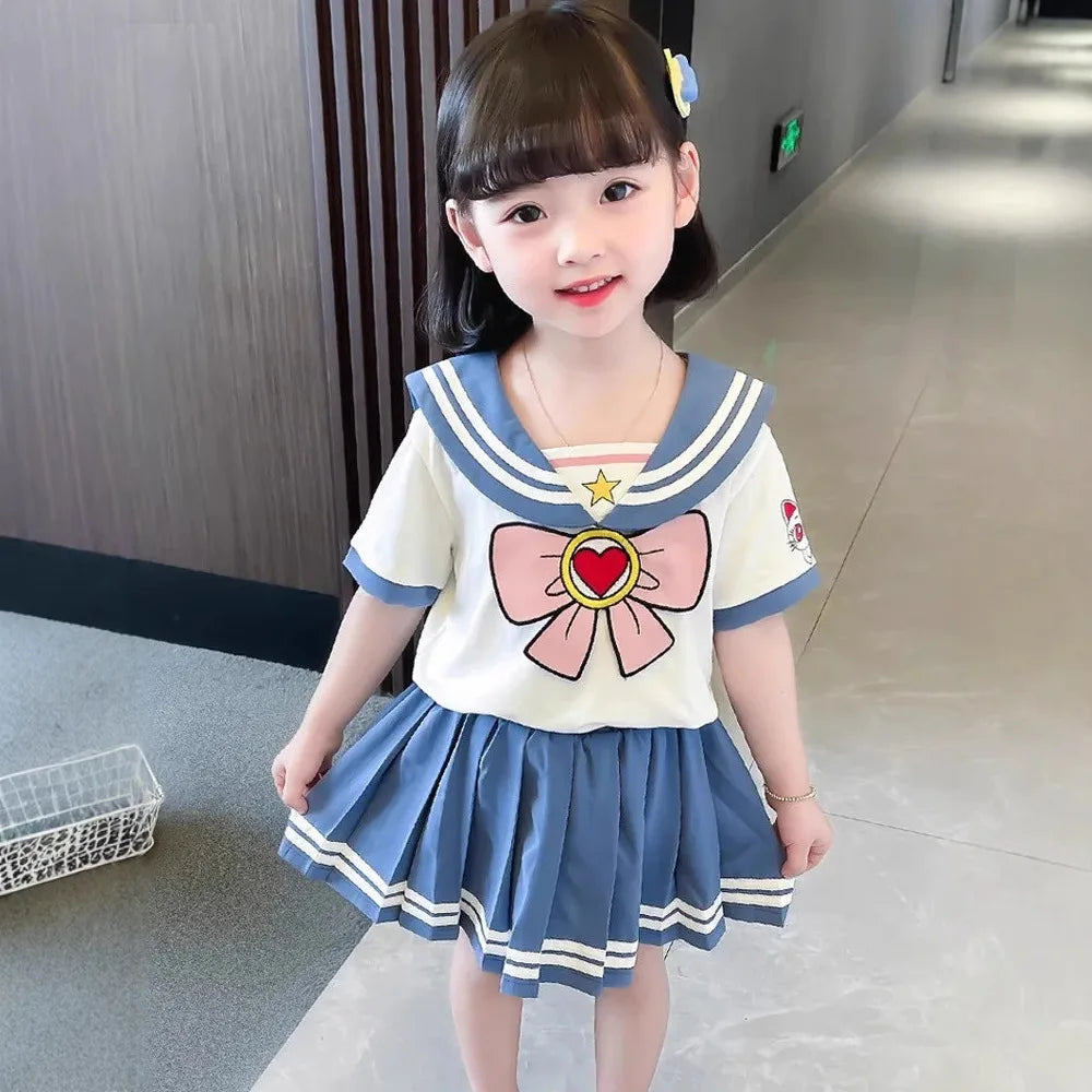 Baby Girls Clothes Sets Summer Bow Striped Tops Pleated Skirts Suits Cute Sailor Moon Cosplay Party Custume Children Clothes Set