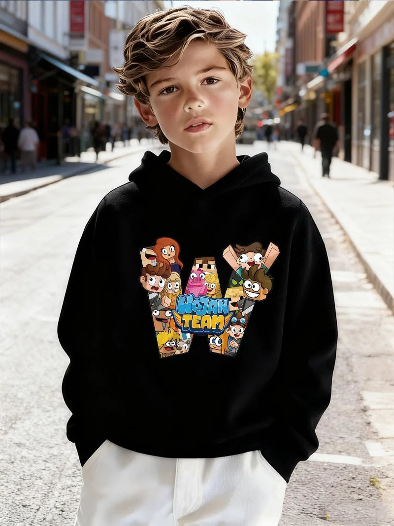 2026Kids'Wojan Team Character Graphic Hooded Sweatshirt | Soft Fleece Kids' Pullover for Casual Wear