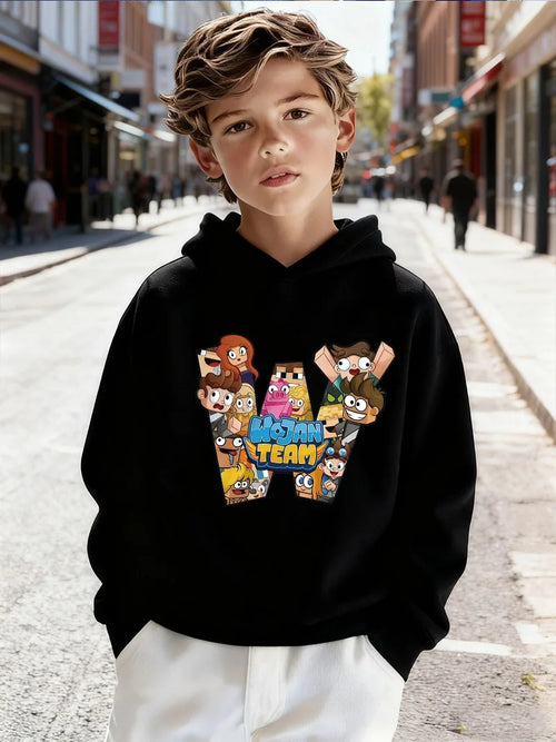 2026Kids'Wojan Team Character Graphic Hooded Sweatshirt | Soft Fleece Kids' Pullover for Casual Wear