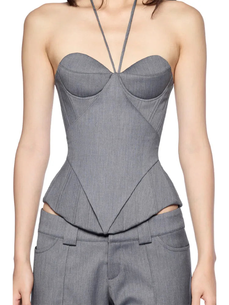 Sexy Patchwork Halter Suit Corset Low Neck A Line Lace Up Fishbone Top Solid Tube Vest 2026 New Lady Party Vacation Tops