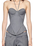 Sexy Patchwork Halter Suit Corset Low Neck A Line Lace Up Fishbone Top Solid Tube Vest 2026 New Lady Party Vacation Tops