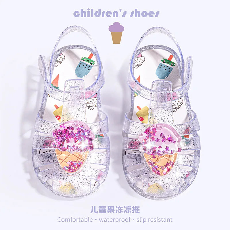 2026 Children's Transparent Crystal Jelly Sandals Soft Non-Slip Sole Princess Roman Style for Summer Cute Kids Footwear