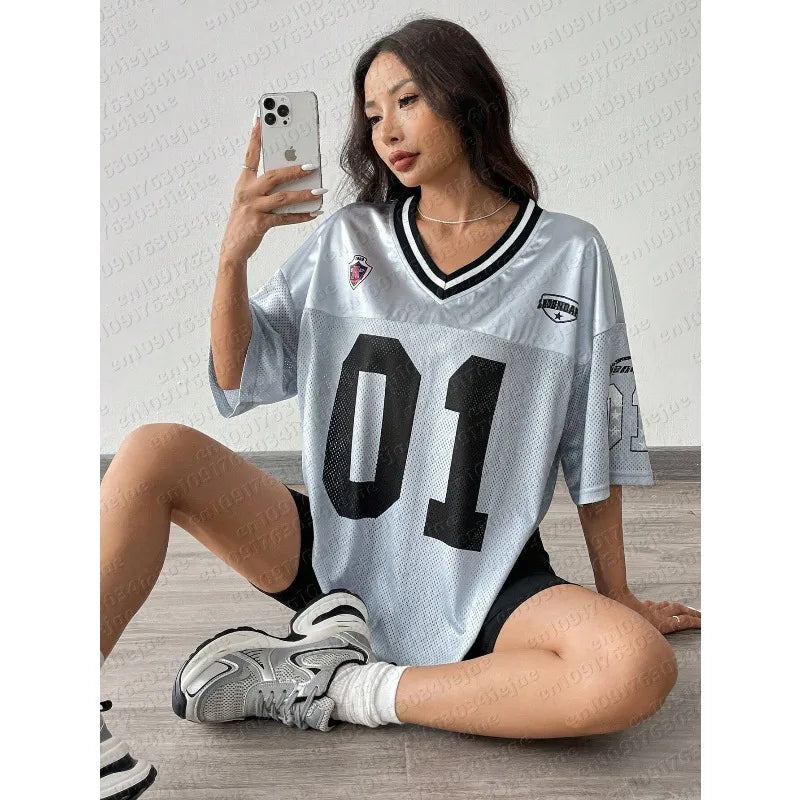 American Sports Fashion V-Neck T-Shirt Street Y2K Hip-Hop Jersey Women's Loose Breathable Quick Drying Casual Versatile Top