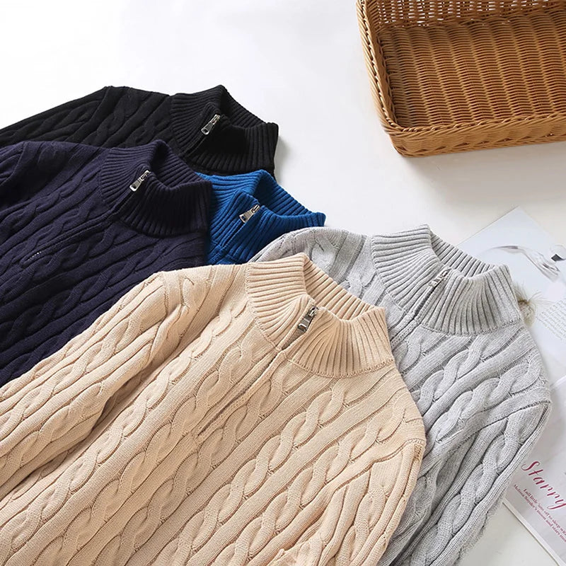 pure Cotton Sweaters Men's High Quality Autumn Cable Knit Christmas Sweater With Zipper Turtleneck Pullovers Zipper Pull Homme