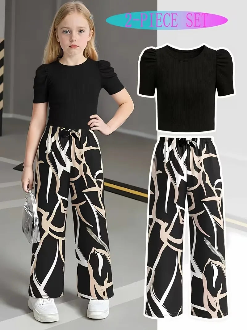 Girls 2-Piece Outfit Green Puff Sleeve Ribbed Crop Top & Abstract Print Wide Leg Pants Set