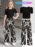 Girls 2-Piece Outfit Green Puff Sleeve Ribbed Crop Top & Abstract Print Wide Leg Pants Set