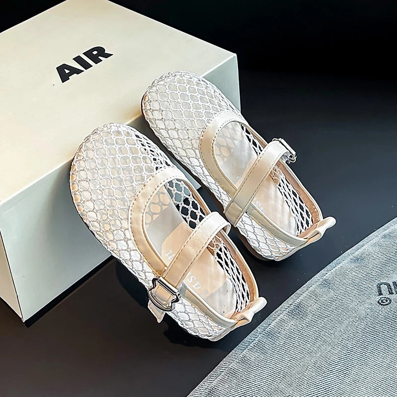 Children's Perforated Mesh Slip-on Shoes New Beige Breathable Boys' Girls' Leather Shoes Pink Soft Anti-slip Kids Baby Sandals