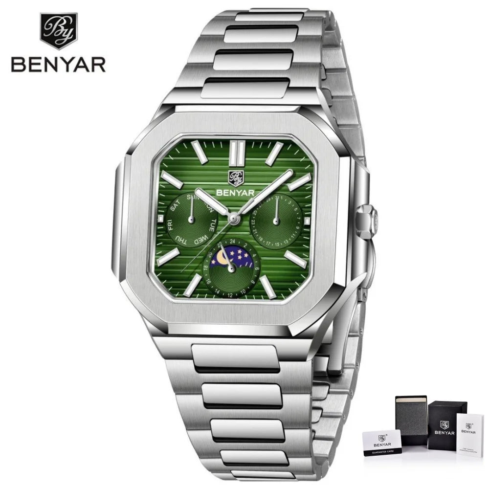 BENYAR Mens Square Watch 37mm Quartz Wristwatch Moon Phase Date Week 24 Hours Display Steel / Leather Strap Waterproof Luminous