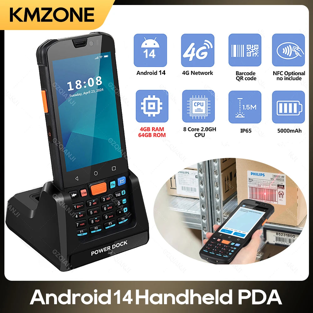 Android 11/14 PDA Handheld Terminal Data Collector with 1D Barcode 2D QR Scanner NFC 2/3/4G WiFi Bluetooth 3G+32G/4G+64G RAM+ROM