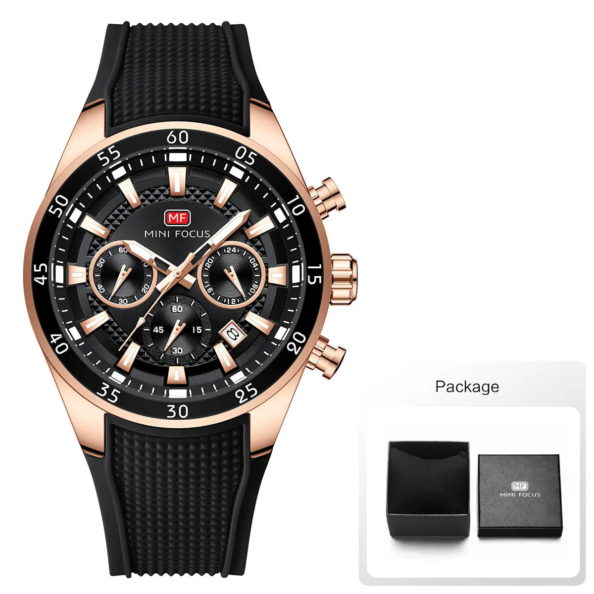 MINI FOCUS Men's Quartz Watch Multifunctional Chronograph Luminous Waterproof Casual Sport Wristwatch with Silicone Strap 0627G