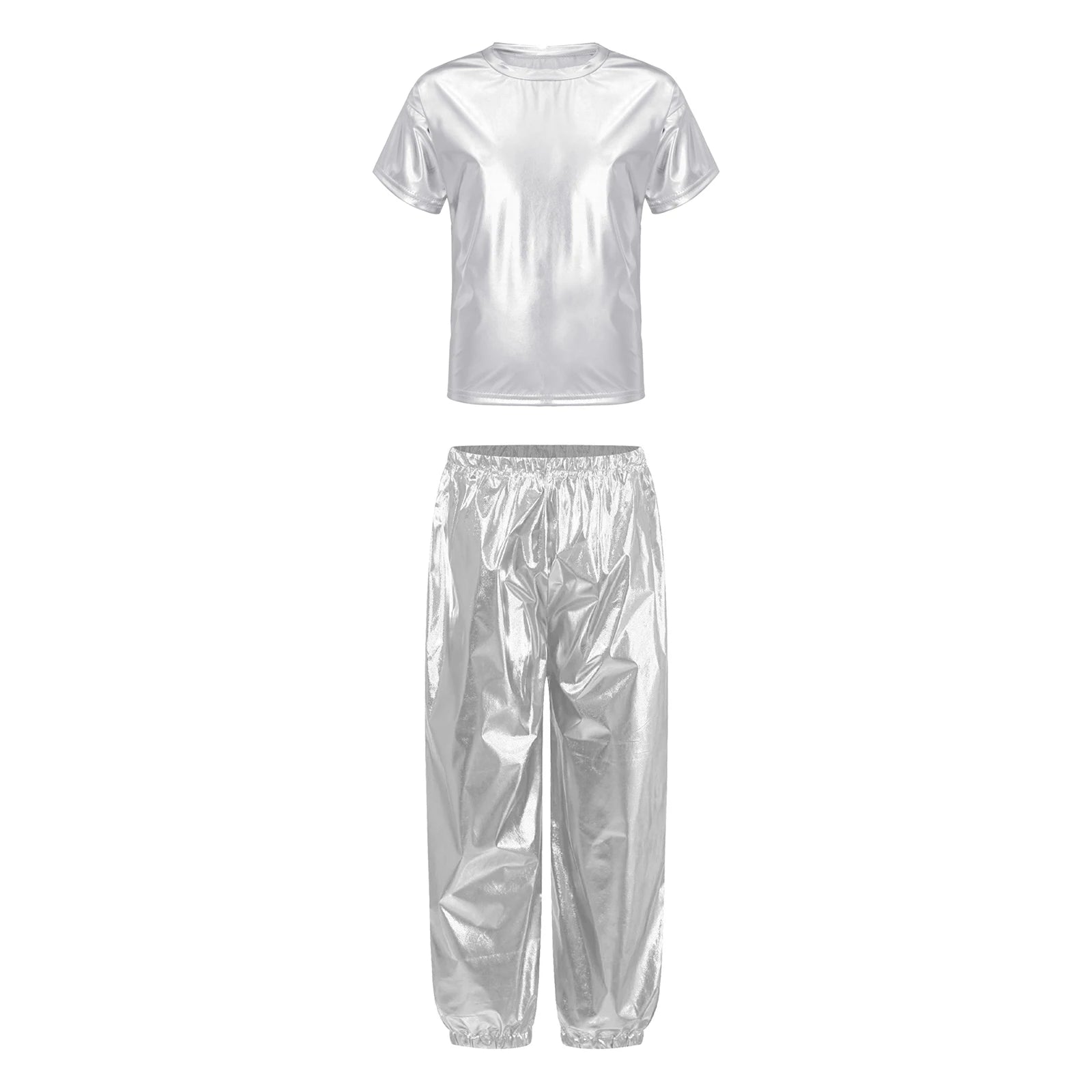 Kids Girls Boys Fashion Clothes Set Metallic Shiny T-shirt with Pants Suit for Jazz Hip Hop Street Dance Performance Costume