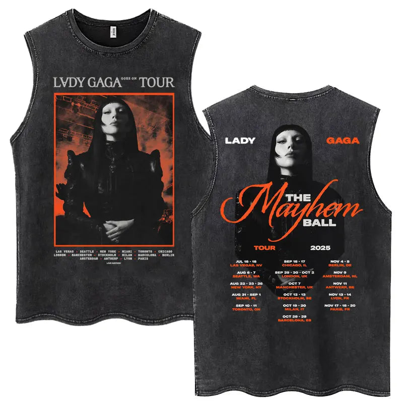 Lady Gaga The Mayhem Ball Tour 2025 Washed Tank Tops Fashion Men Women Vintage Y2K Sleeveless T Shirt 100% Cotton Oversized Tees