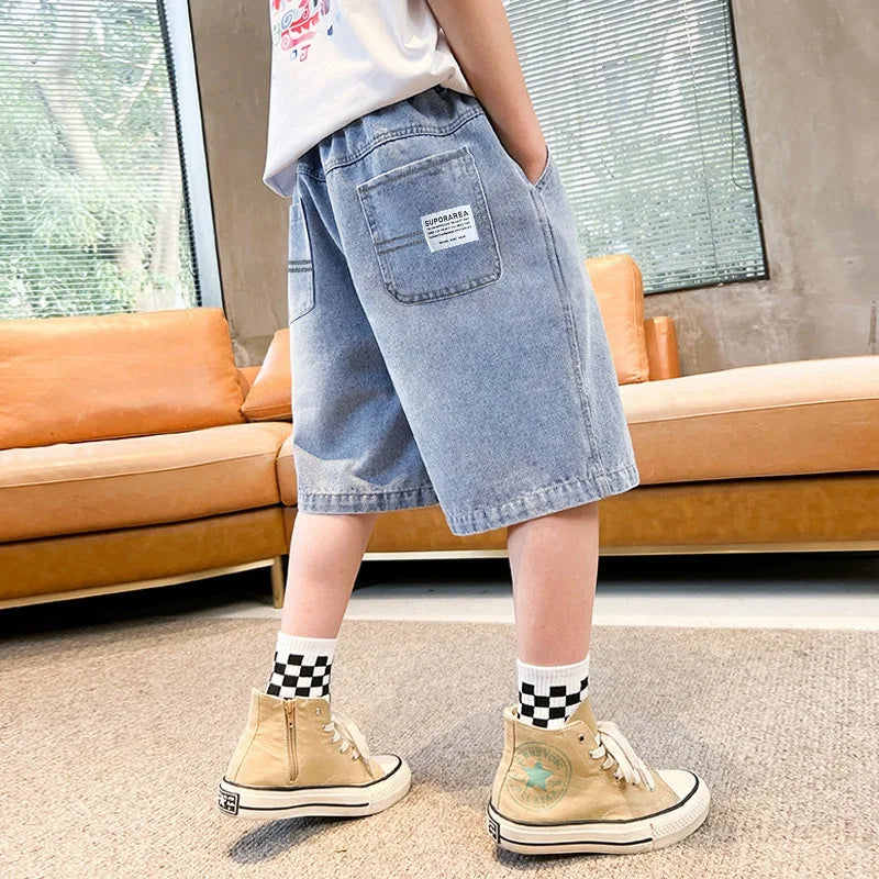 Teen Boys Denim Shorts 2026 New Summer Children Loose Wide Leg Knee Length Jean Pants Kid Casual Streetwear Elastic Waist Shorts