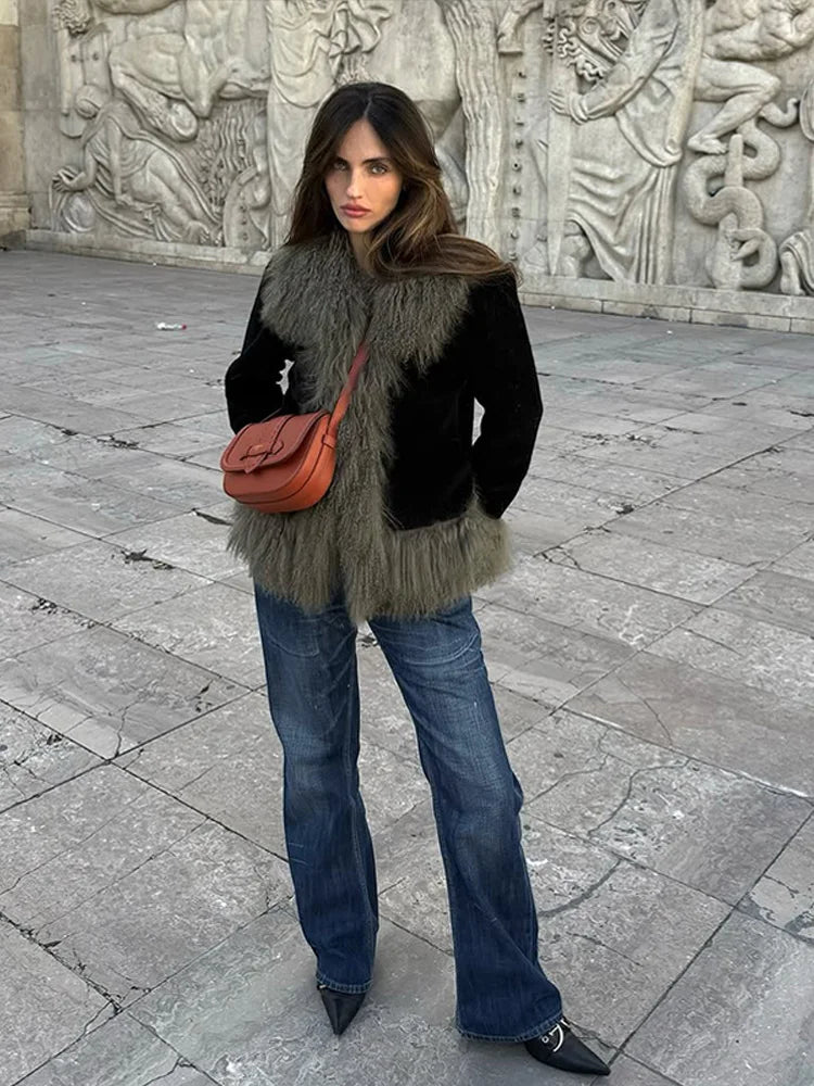 Vintage Patchwork Women's Faux Fur Trim Coat Urban Lapel Full Sleeve Female Jacket Female 2026 Autumn Winter Lady Streetwear New