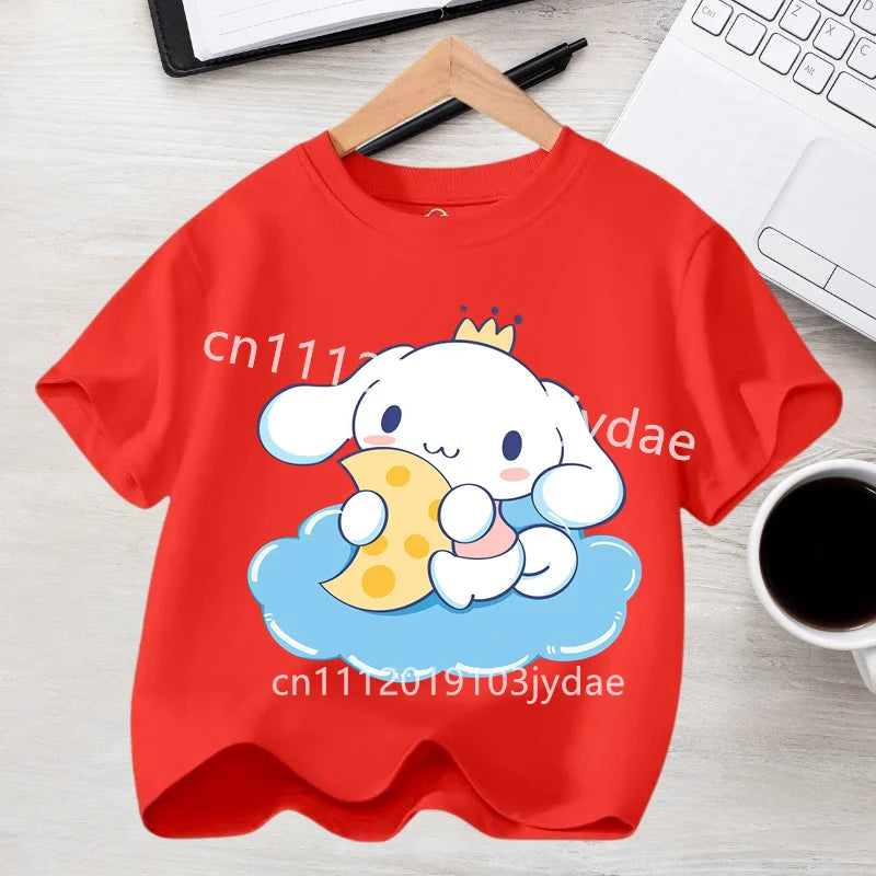 2026 Summer Casual Clothes Kawaii Gift Cute Cinnamoroll Girl T-shirt Cotton Anime Print Tee Shirt Kids Short Sleeve Streetwear