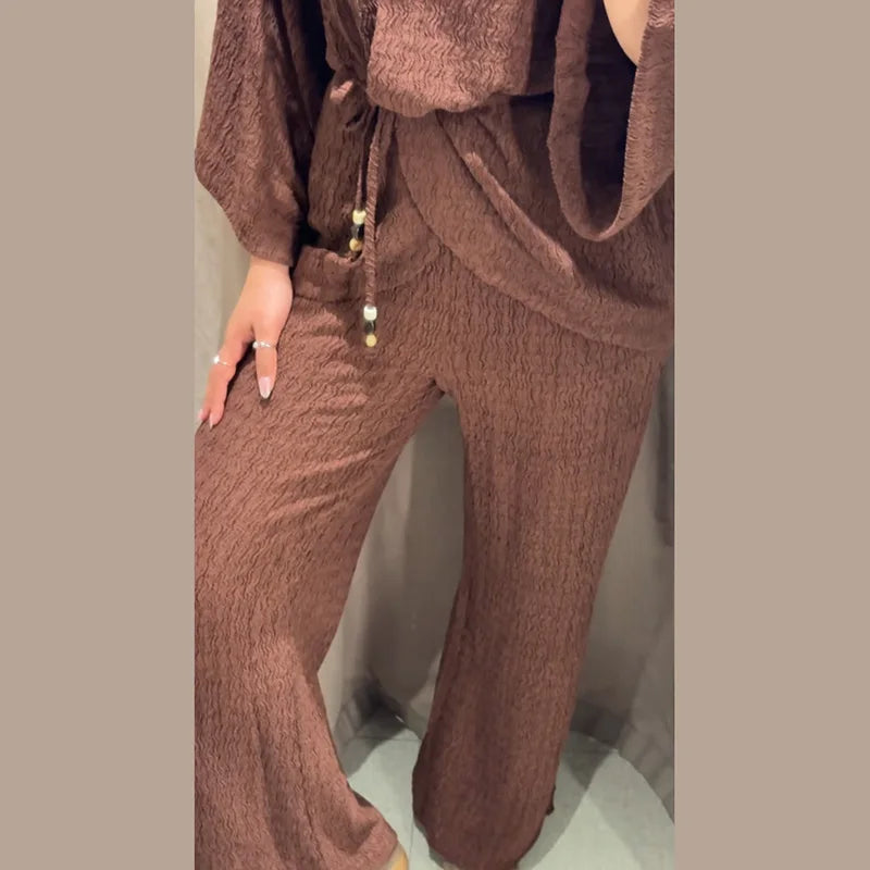Casual Pleated Cardigan Pants Set V-neck Drop Shoulder Flared Sleeves Belt Waist Shirt Wide Leg Pants 2026 Chic Lightweight Sets