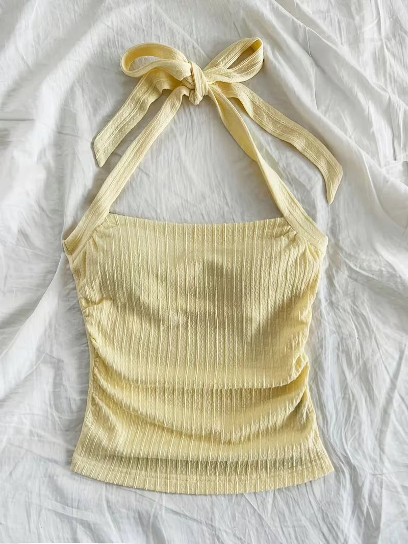 Short Top, Women's Vacation Knitted Tie Hanging Neck Tie Top