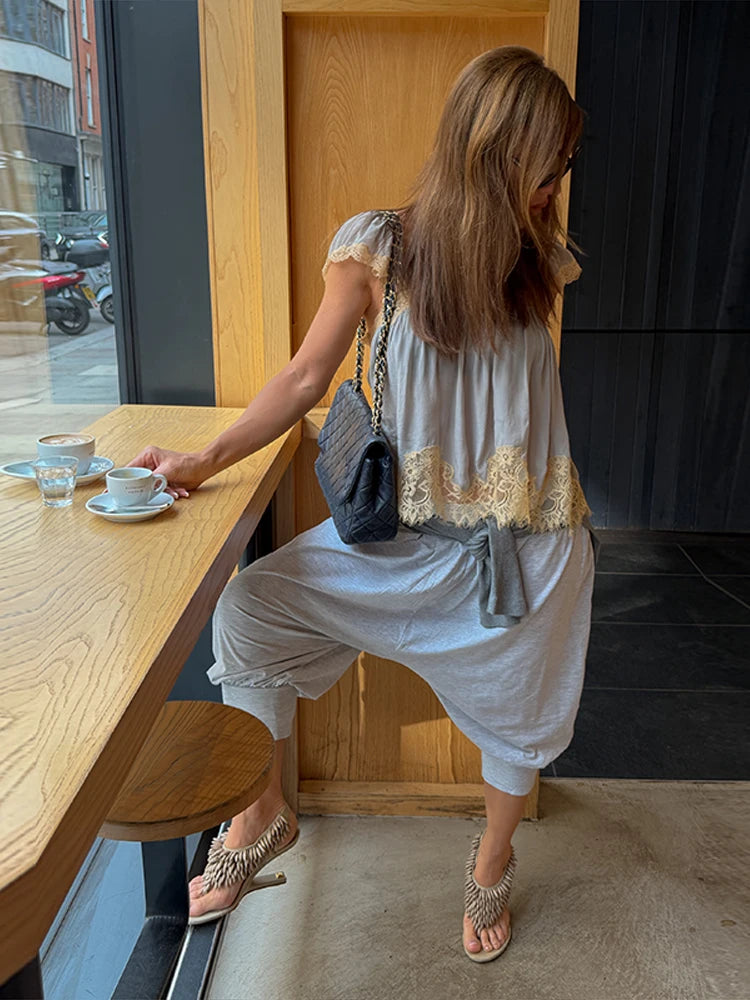 Lace Spliced Square Neck Spaghetti Strap Blouse Loose Fit Cropped 2026 Summer Women Chiffon Top Causal Delicate Lady Blusa