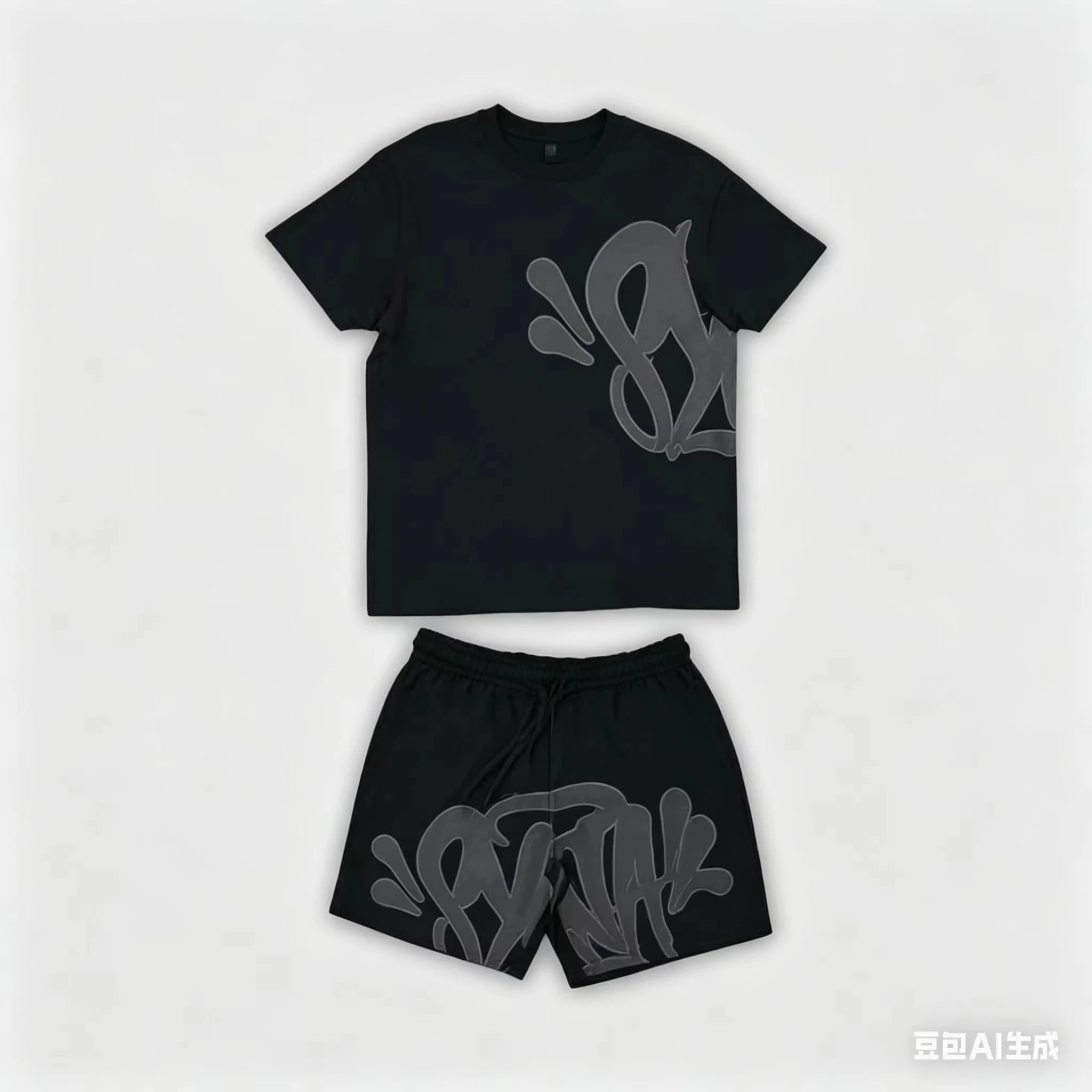 2026 Summer New Style Unisex Abstract Graffiti Graphic 2 Piece Tracksuit Black Tee and Elastic Waist Shorts for Kids Streetwear