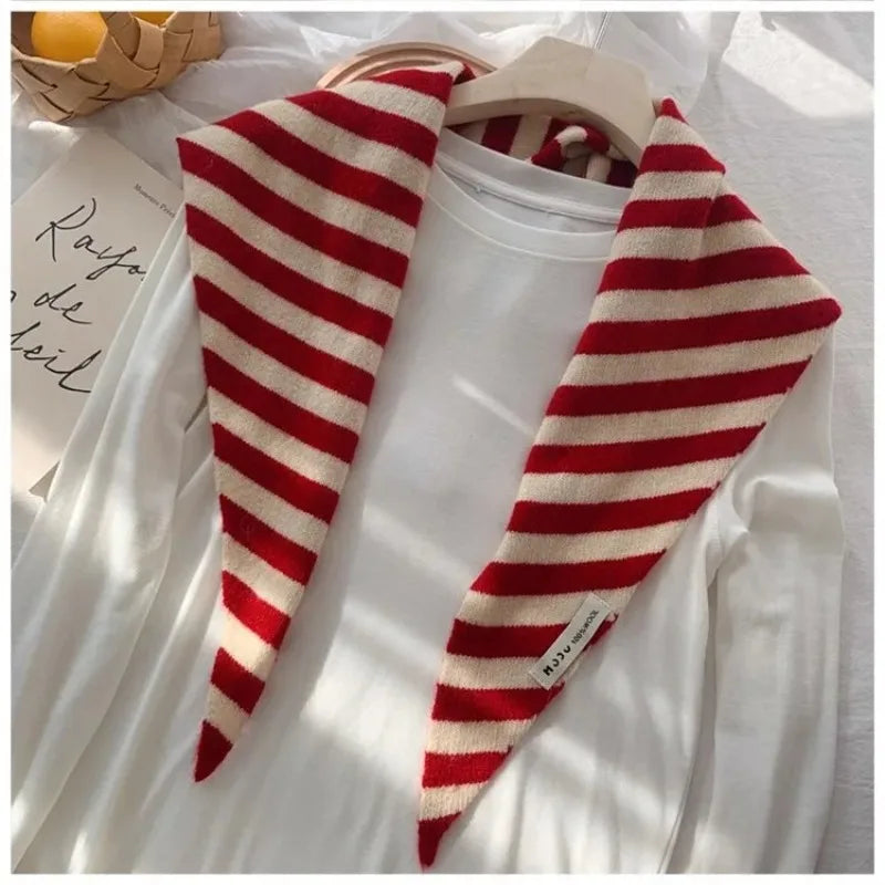 Korean Stripe Triangle Scarf 100% Wool Triangular Scarf Men Women British Niche Headscarf Knitted  Multi-functional Warm Scarf