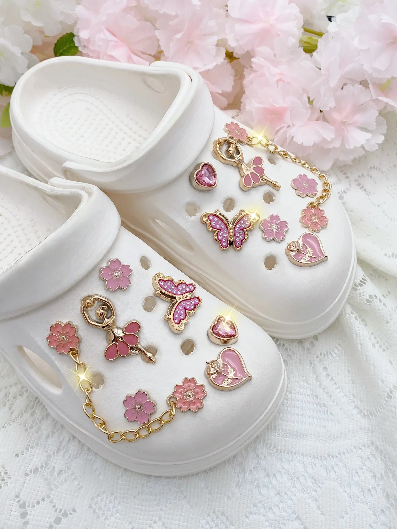 14pcs Fashion ABS Shoe Charms – Pink Flowers, Butterflies, Hearts & Flower Chains. DIY Removable Clog Decorations for Sandals, A
