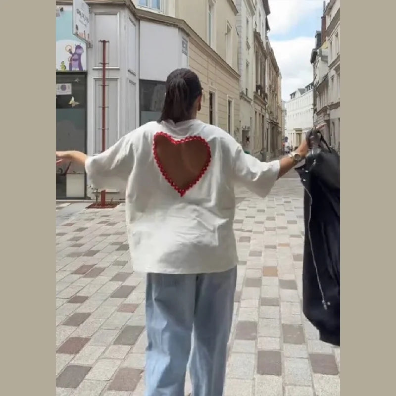 Y2k Style White Oversized T Shirt Women Fashion Backless Heart Cutout Red Trim Half Sleeve Tops Summer Casual Streetwear Outfits