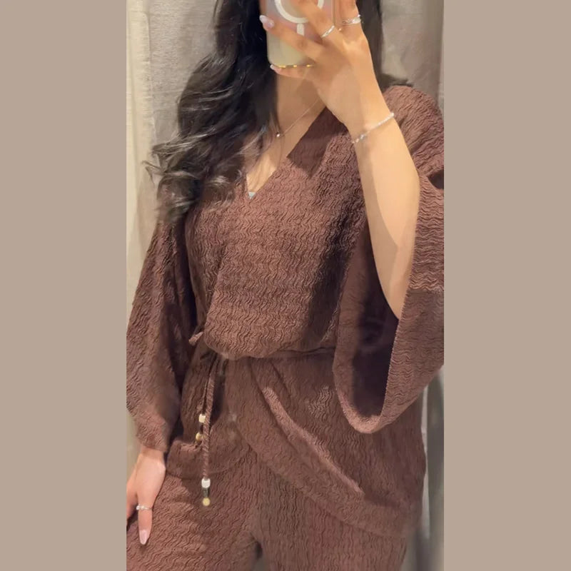 Casual Pleated Cardigan Pants Set V-neck Drop Shoulder Flared Sleeves Belt Waist Shirt Wide Leg Pants 2026 Chic Lightweight Sets
