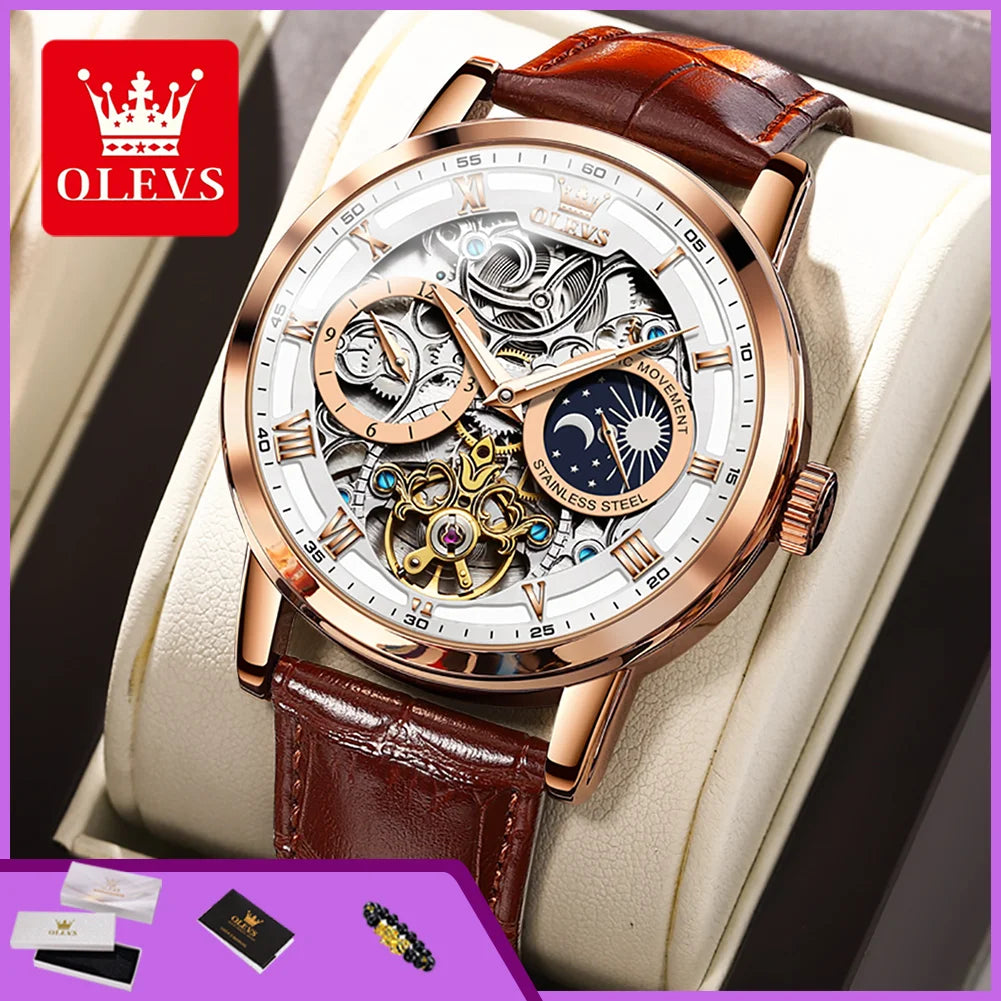 OLEVS 6670  Men Watch Luxury Leather Strap Sport Clock Business Automatic Mechanical Skeleton Wristwatch for Man High Quality