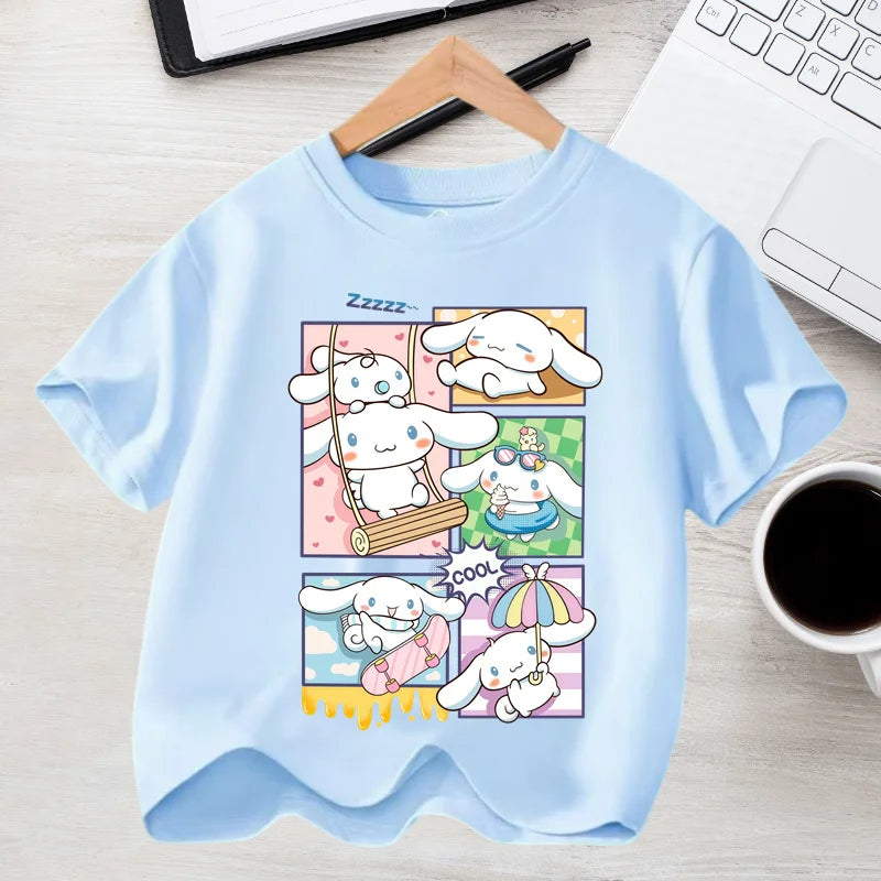 2026 Summer Casual Clothes Kawaii Gift Cute Cinnamoroll Girl T-shirt Cotton Anime Print Tee Shirt Kids Short Sleeve Streetwear