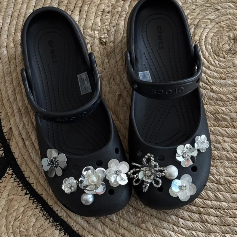 Bling Silver Rhinestone Flower Shoe Charms Metal Bead Bow & Heart Clog Charms Luxury DIY Shoe Decoration Punk Y2K Style Clog Pin