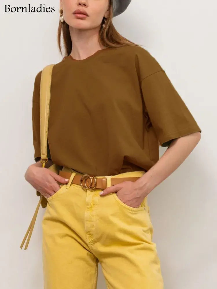 Bornladies 2025 Women's Summer 100% Cotton T-shirt Bottoming Basic Fashionable Solid Lady Short Sleeve Loose Tops Shirts