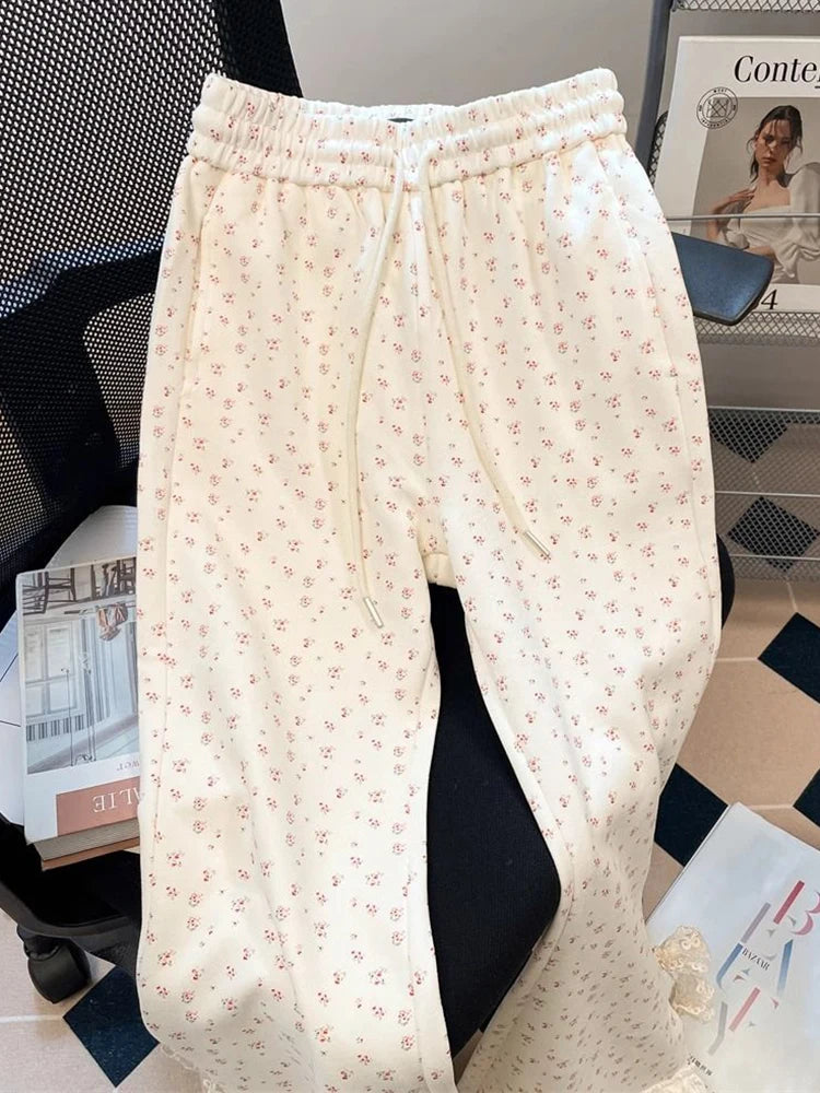 Zoki Chic Floral Sweet Wide Leg Pants Women Bow Lace Patchwork High Waist Trousers Japan Cute Loose Female Casual Fashion Pants