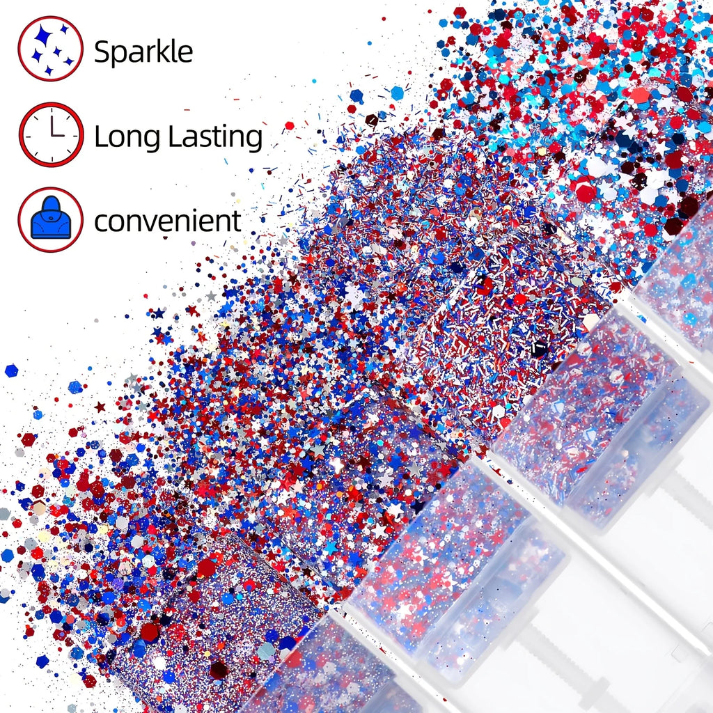 Patriotic Glitter Body Paint Stick with Makeup Remover Cloth, Red White Blue Face Paint for 4th of July, Sports Games