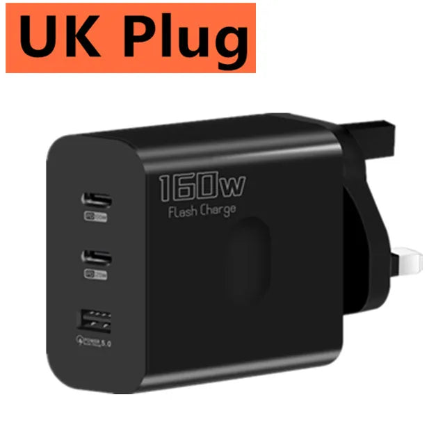 160W Fast Charger USB Type C Phone Charger Adapter Quick Charge QC 5.0 3.0 PD 65W Charger For iPhone iPad Samsung Huawei Xiaomi