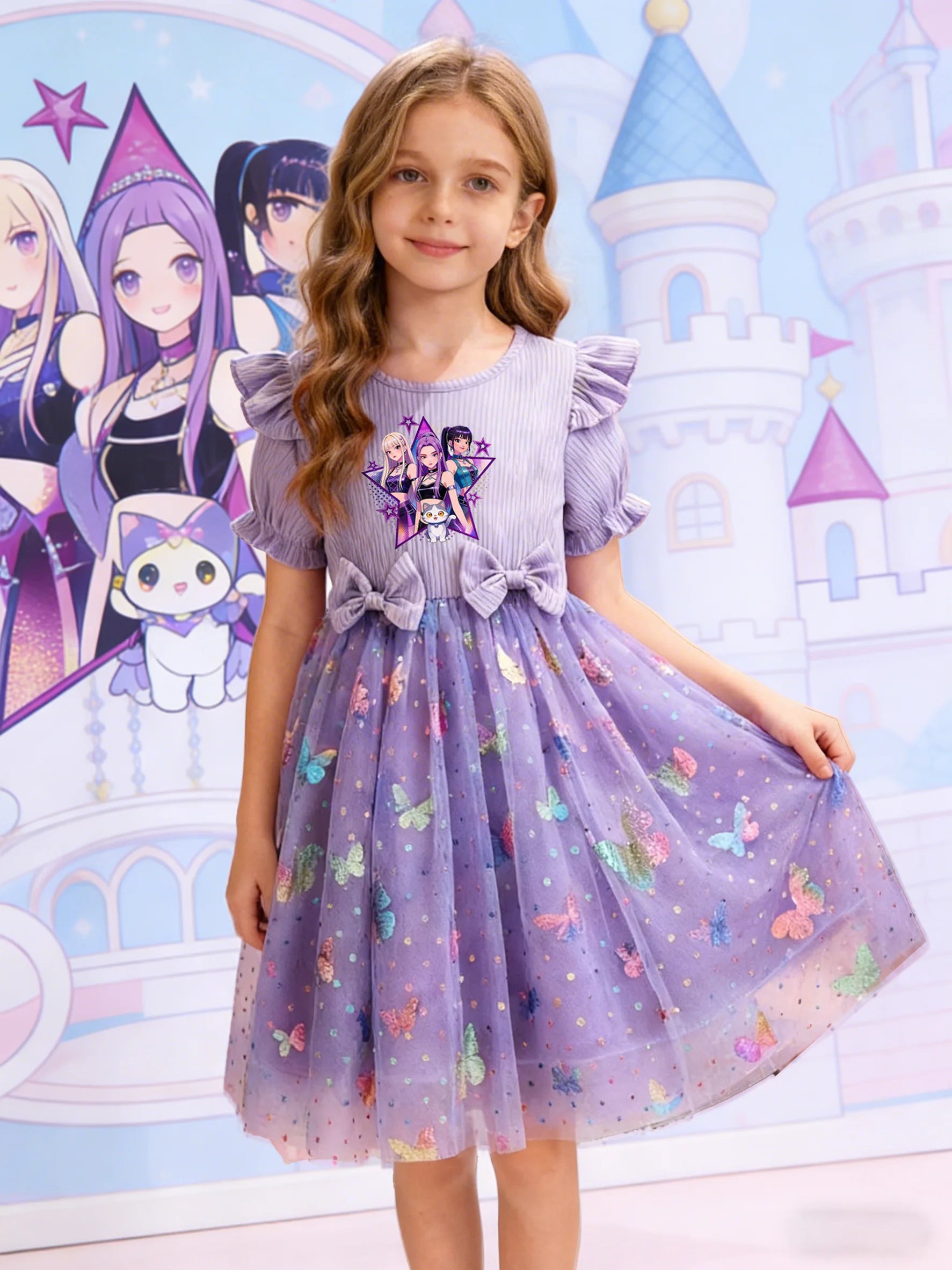 Dreamy Style Kids Princess Dress, Purple, K-POP Cartoon Print + Colorful Dot Butterfly Sequin Elements